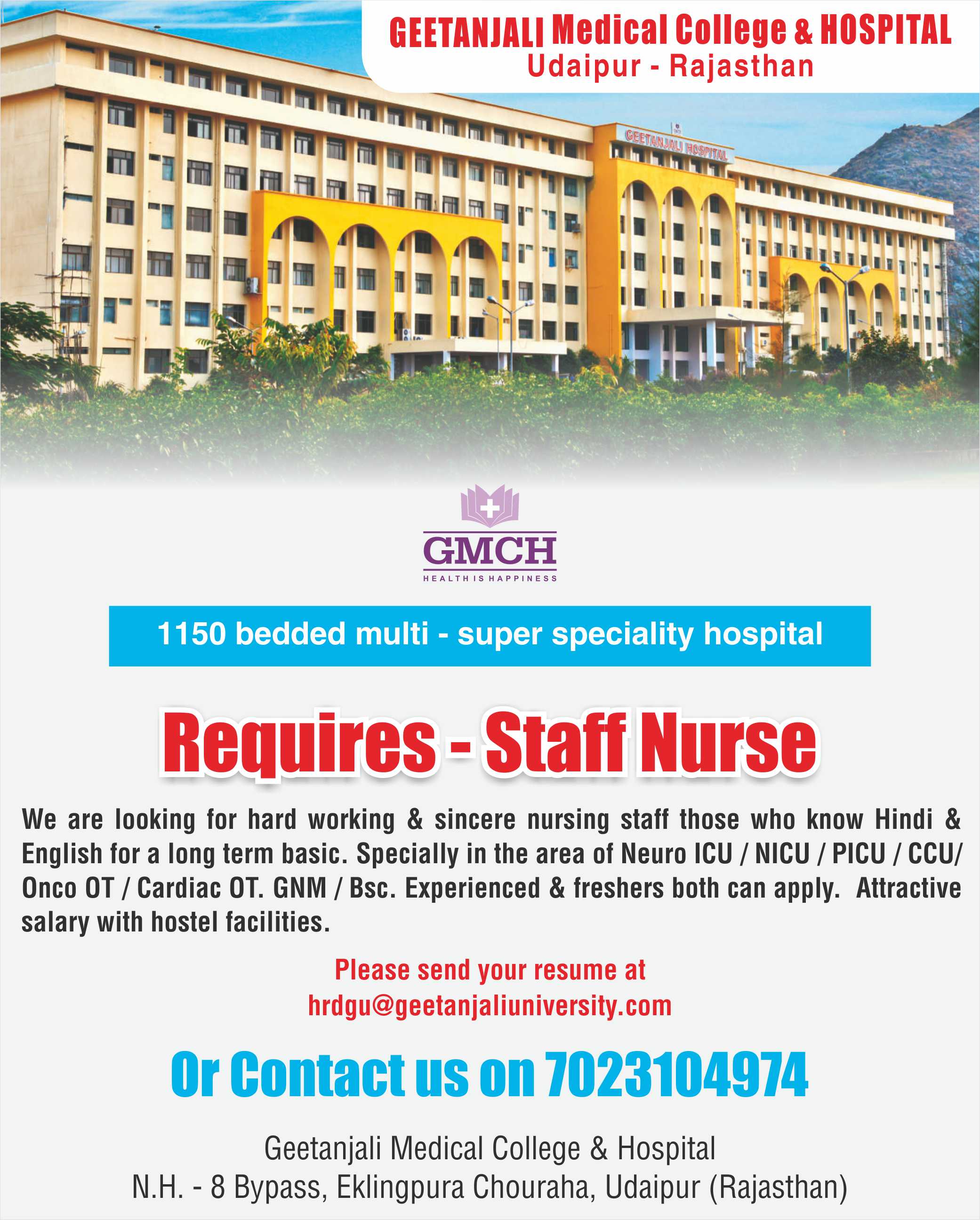 Opportunity to join Geetanjali Hospital as Staff Nurse